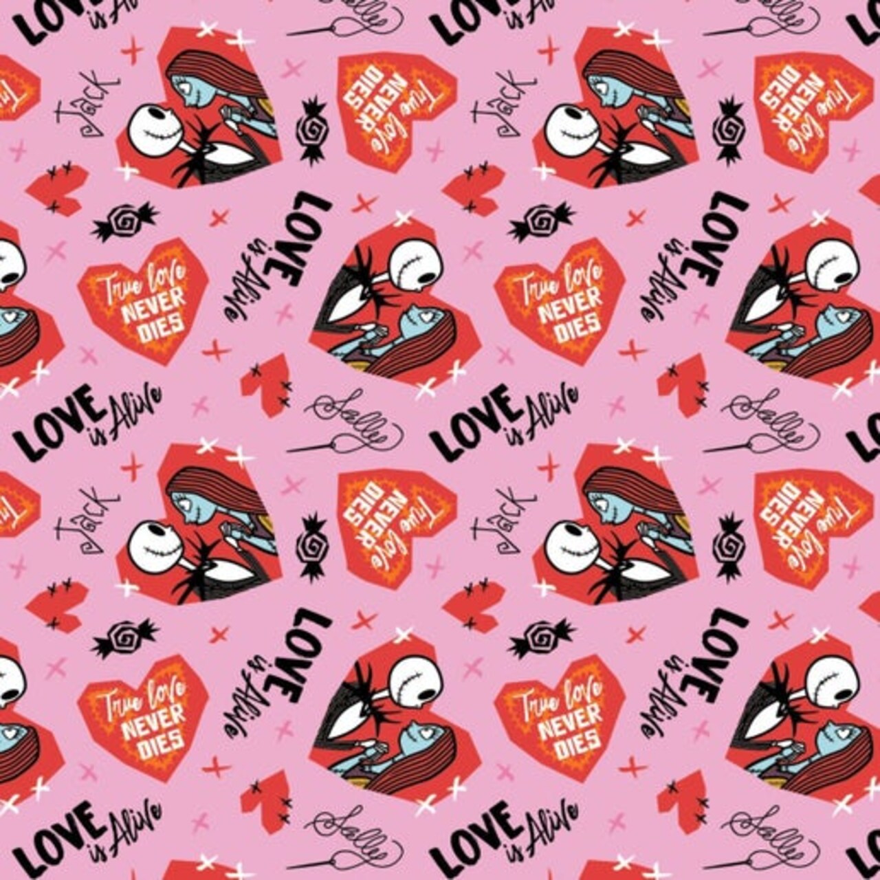 Disney's Character Valentine's Day Nightmare Before Christmas Valentine Pink Cotton Fabric by the Yard
